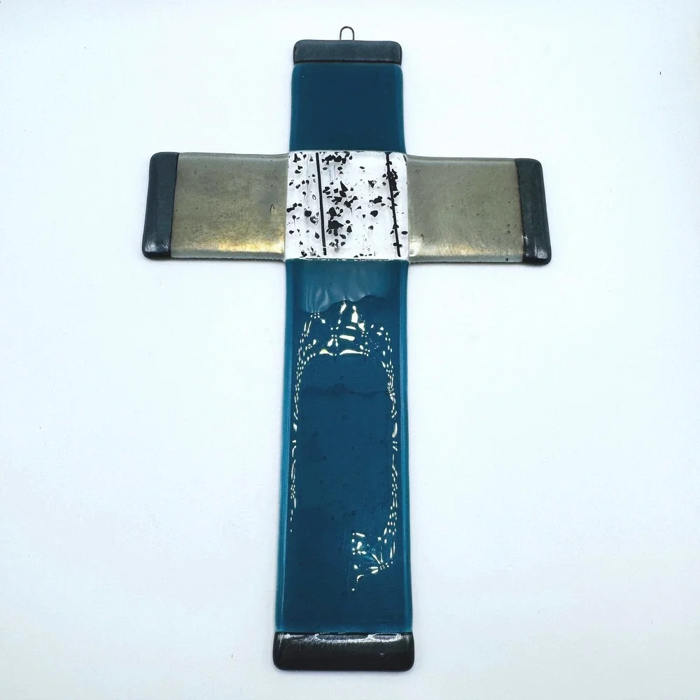 Handmade Fused Glass Wall Cross Faith Blue Art Glass Religious Decor